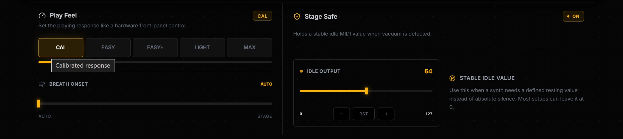 Web Configurator içindeki Breath Onset ve Stage Safe ayarları